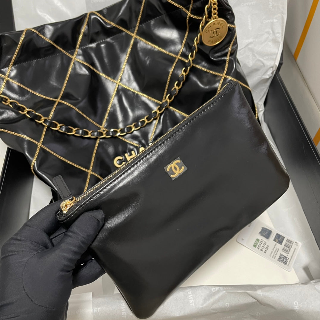 Chanel 22 Bag "Trash Bag" Black & Gold | Vintage Coin Detailing & Magnetic Closure | Unisex Calfskin Luxury Tote