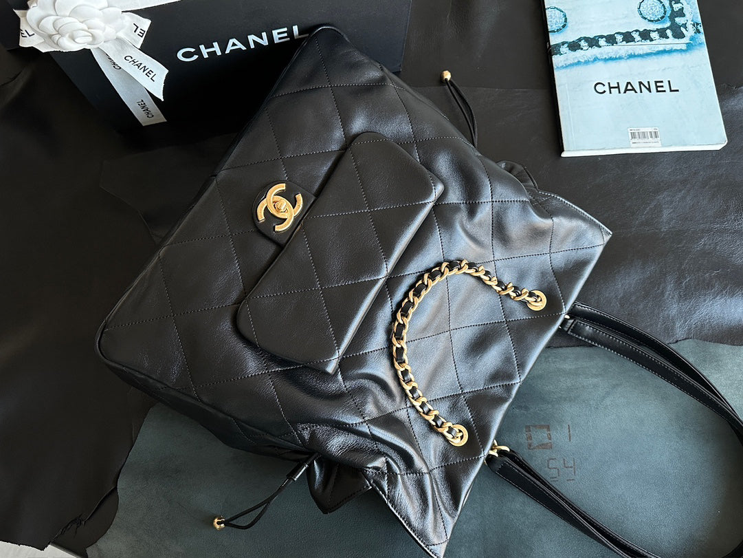 Chanel 25C Black Gold Exclusive Italian Polished Lambskin Tote Bag | Organic Water-Dye Craft + Antique Brass Clasp | 34x36x12cm Nationwide Monopoly