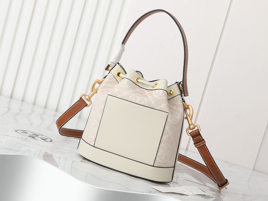 TORY BURCH Monogram 2021 Summer Navy Blue Canvas Drawstring Bucket Bag Retro Jacquette Trim Casual Chic Design (21x12x21cm)