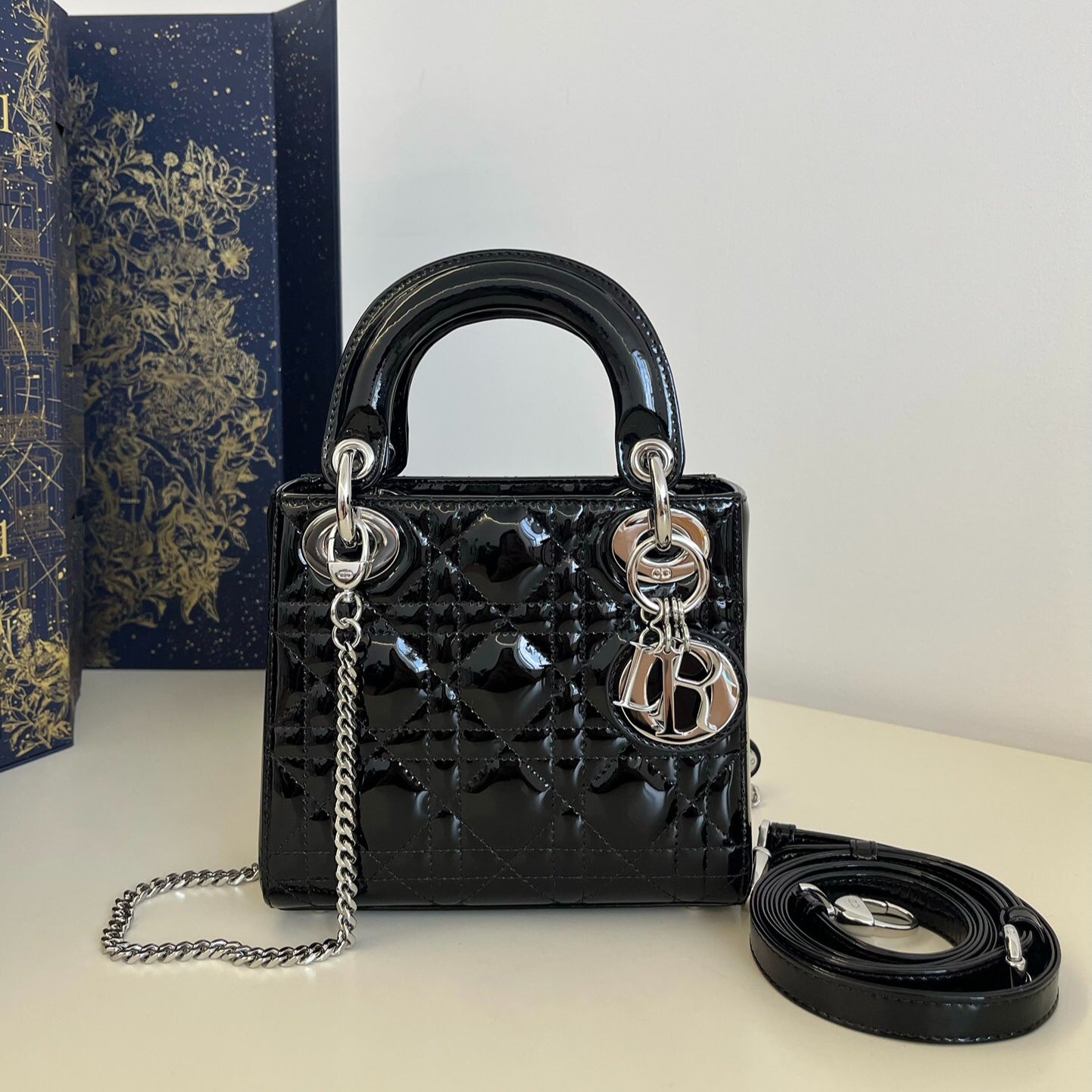 DIOR LADY Mini Cannage Patent Calfskin Bag | Blush Pink Gold Hardware | Detachable Chain Strap | Model D6603 | Includes Original Box