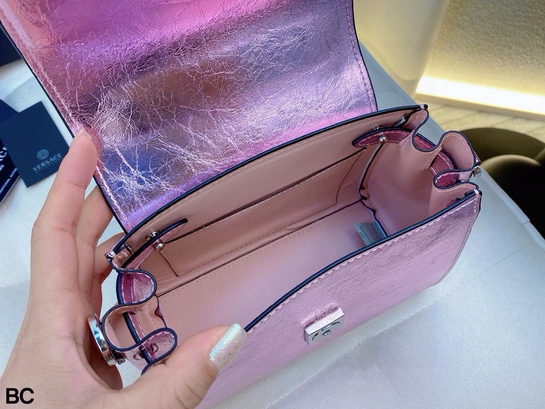 Versace La Medusa Metallic Pink Top Handle Bag – Medusa Head & Chunky Chain Design (21x17cm) | Luxury Shimmer Tote