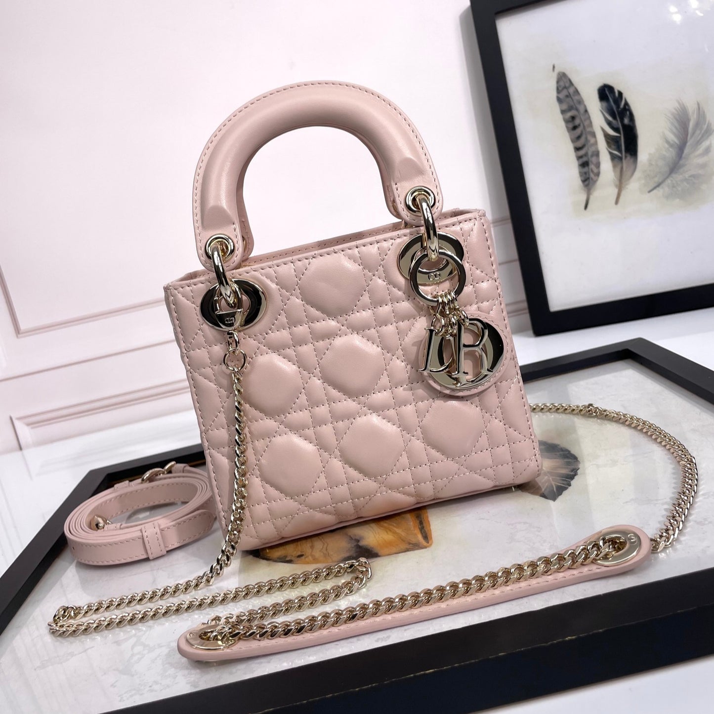DIOR LADY Mini Cannage Patent Calfskin Bag | Blush Pink Gold Hardware | Detachable Chain Strap | Model D6603 | Includes Original Box