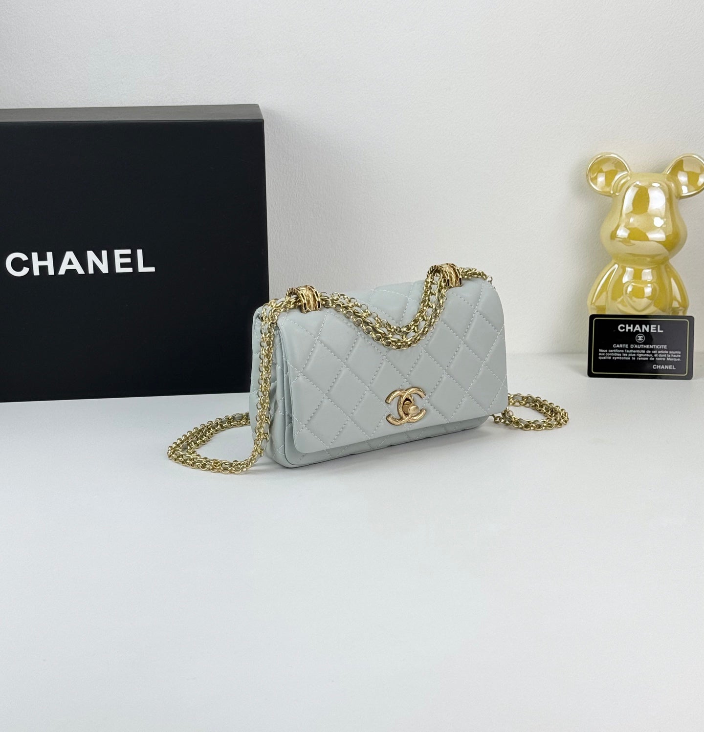 Chanel 24A Black Gold Fringe Chain Flap Bag|Double Gold Bead Classic Design|18cm Luxury Crossbody Bag