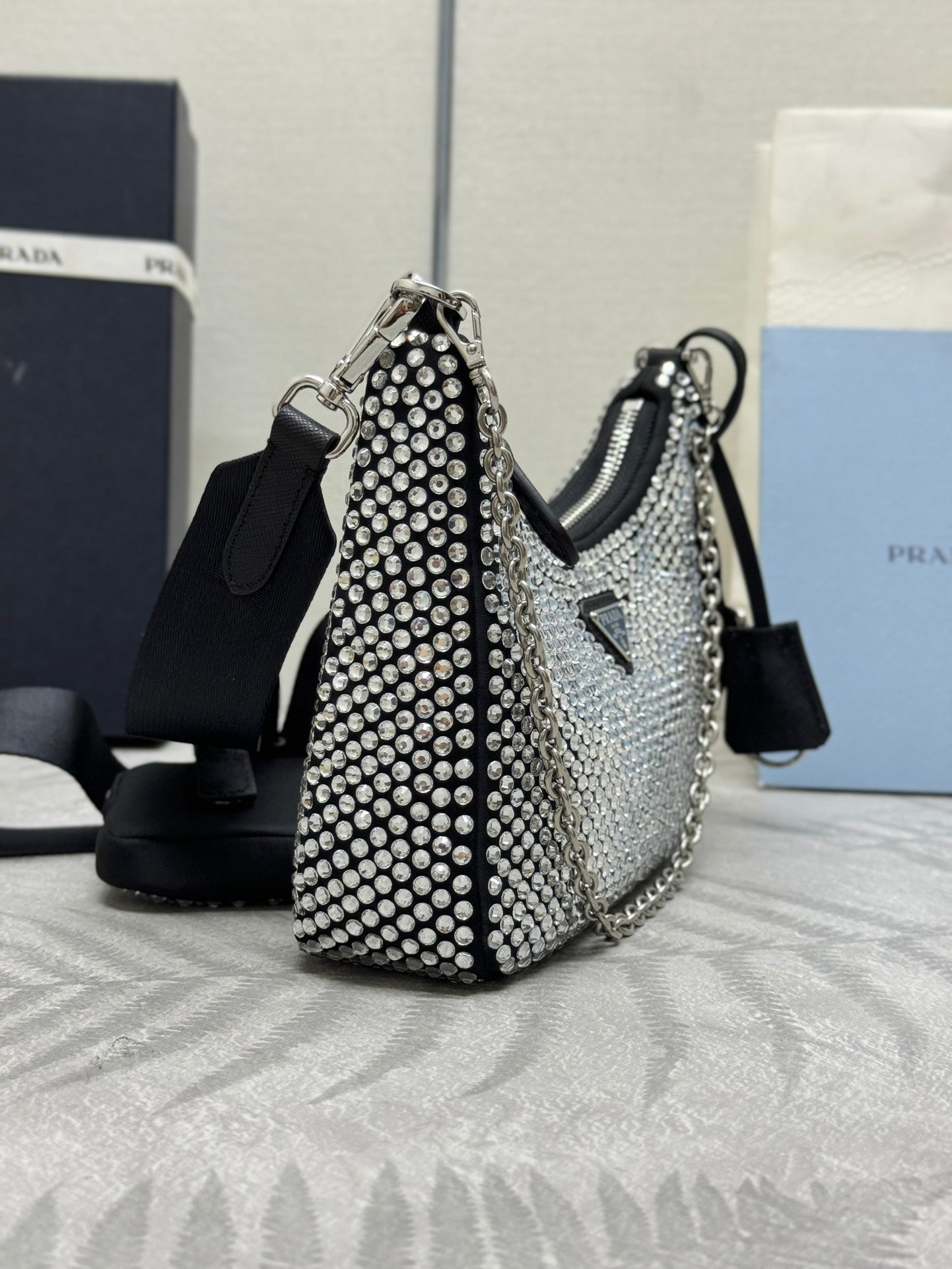 💎 Crystal Mesh 3-in-1 Bag|22×16×6cm Bling Chain Purse w/ Detachable Pouch