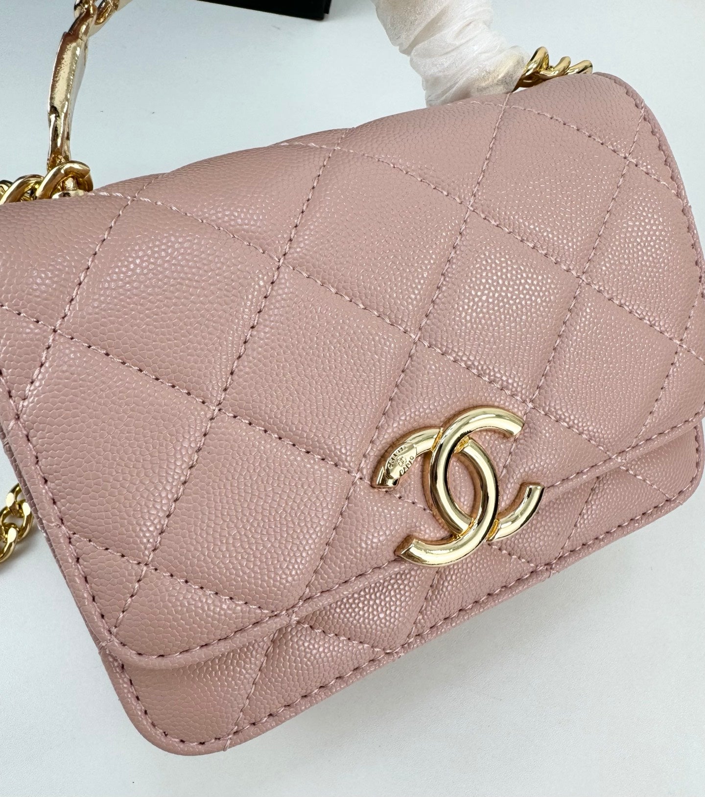 Chanel 22S Blush Pink Enamel Handle Bag | Mini Sweet Crossbody | Gold Logo & Woven Strap