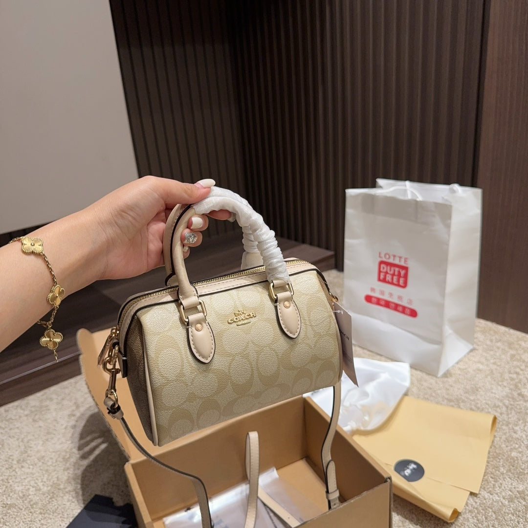 Coach New Mini Rowan Satchel - Blocked Signature Canvas Boston Pillow Bag (7"L x 4.75"H x 4"W) | Cute & Spacious Retro Y2K Crossbody for Sweet Edgy Girls