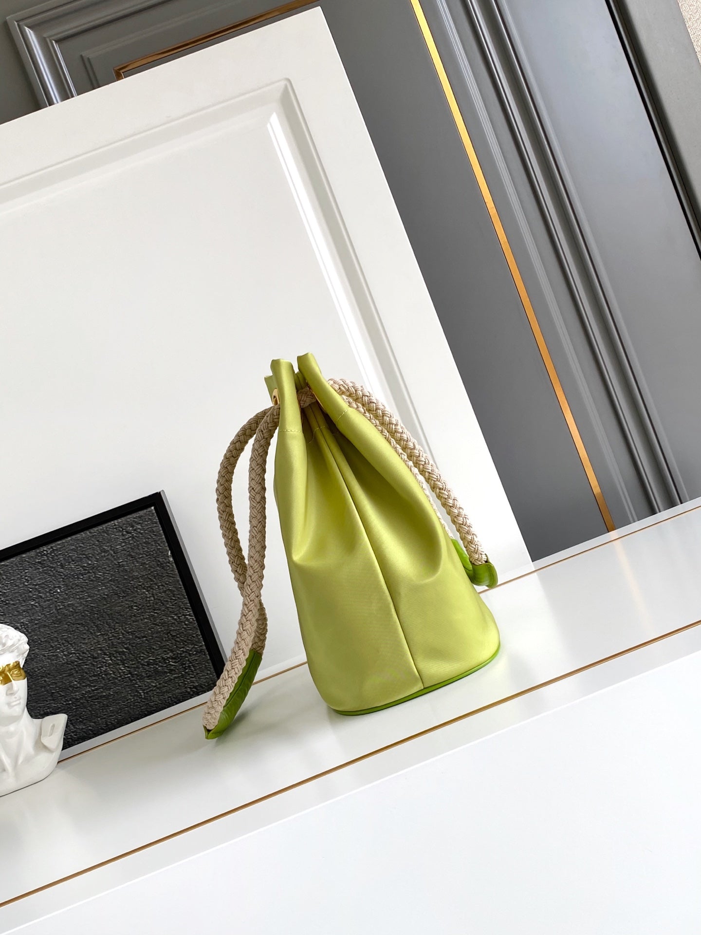 2025 Runway Recycled Nylon Bucket Bag 23.5x28x16.5cm - Slide Knot Handle & Enamel Triangle | Shoulder/Tote Convertible