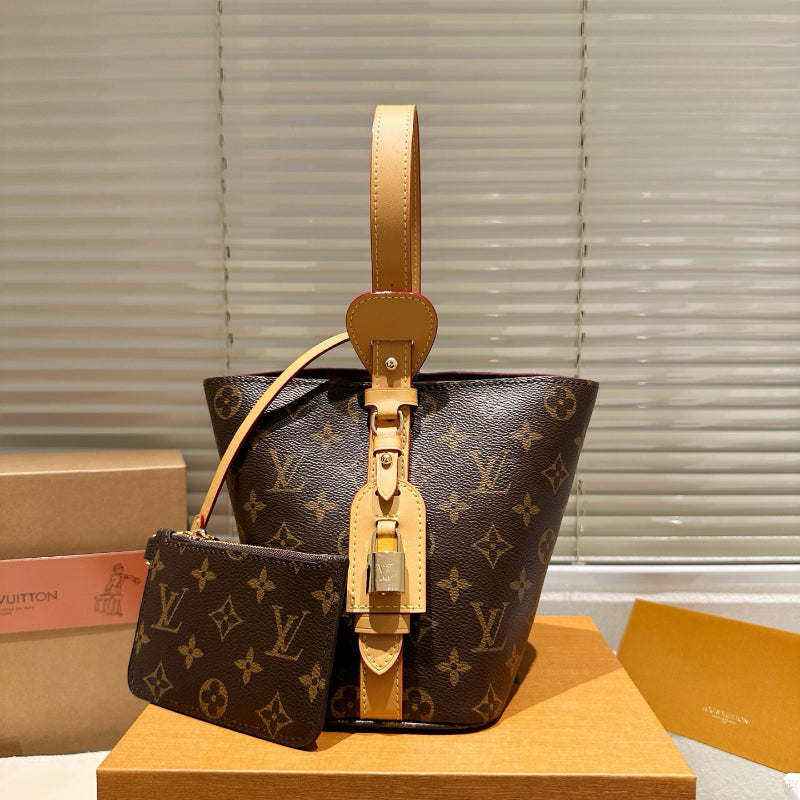 Louis Vuitton Monogram Cowhide Leather Bucket Bag with Coin Pouch Luxury Designer Handbag LV All In BB Monogram Canvas Includes Coin Pouch