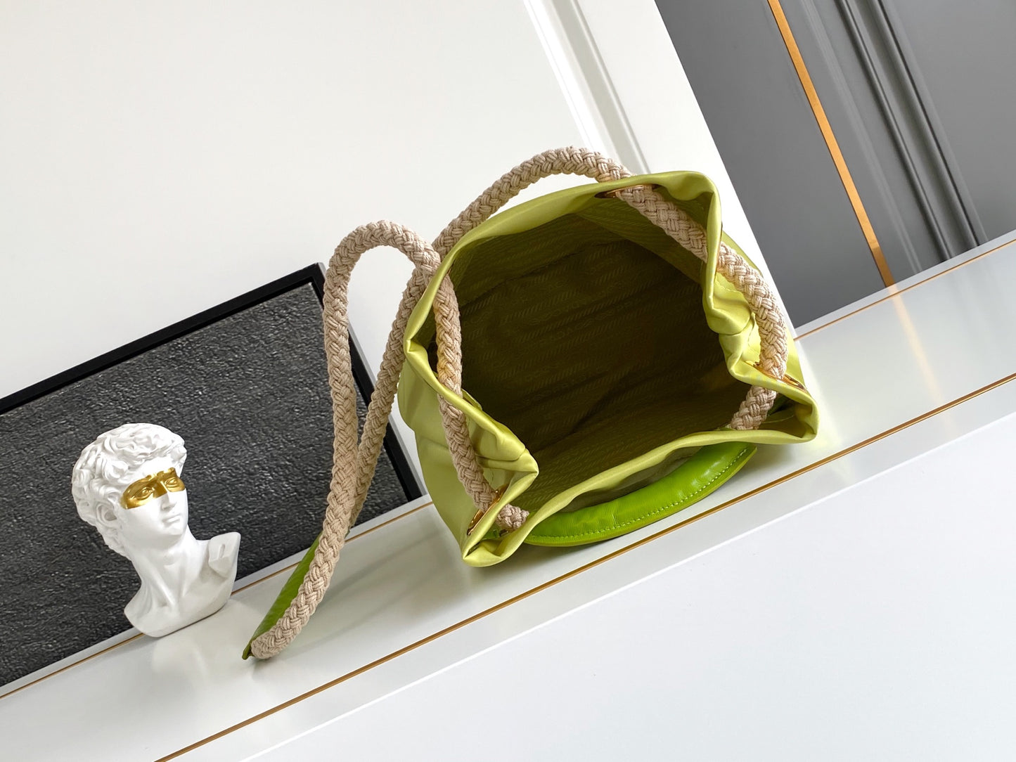 2025 Runway Recycled Nylon Bucket Bag 23.5x28x16.5cm - Slide Knot Handle & Enamel Triangle | Shoulder/Tote Convertible