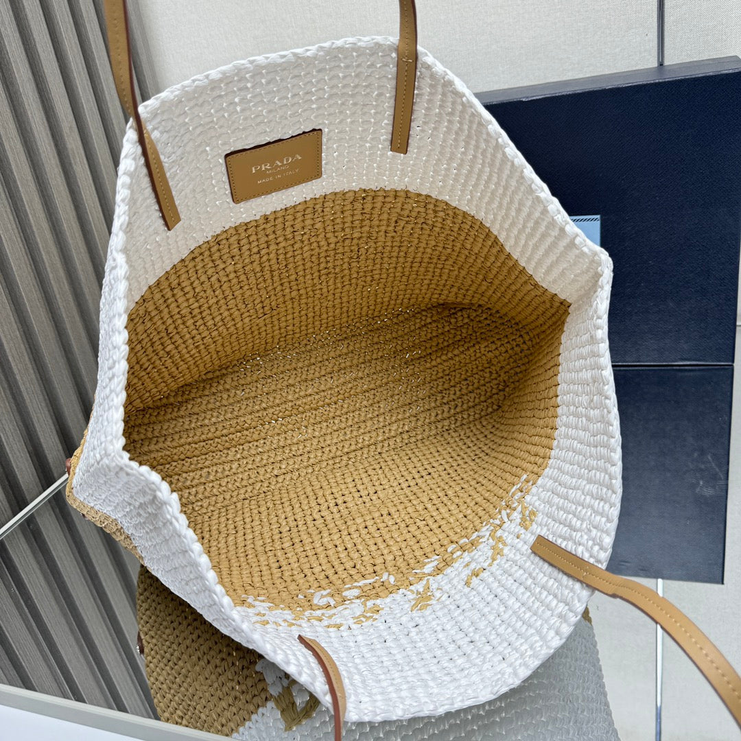 🌴 Summer Raffia Tote|38x31.5x15cm Handwoven Two-Tone Bag - Beach & Market Tote