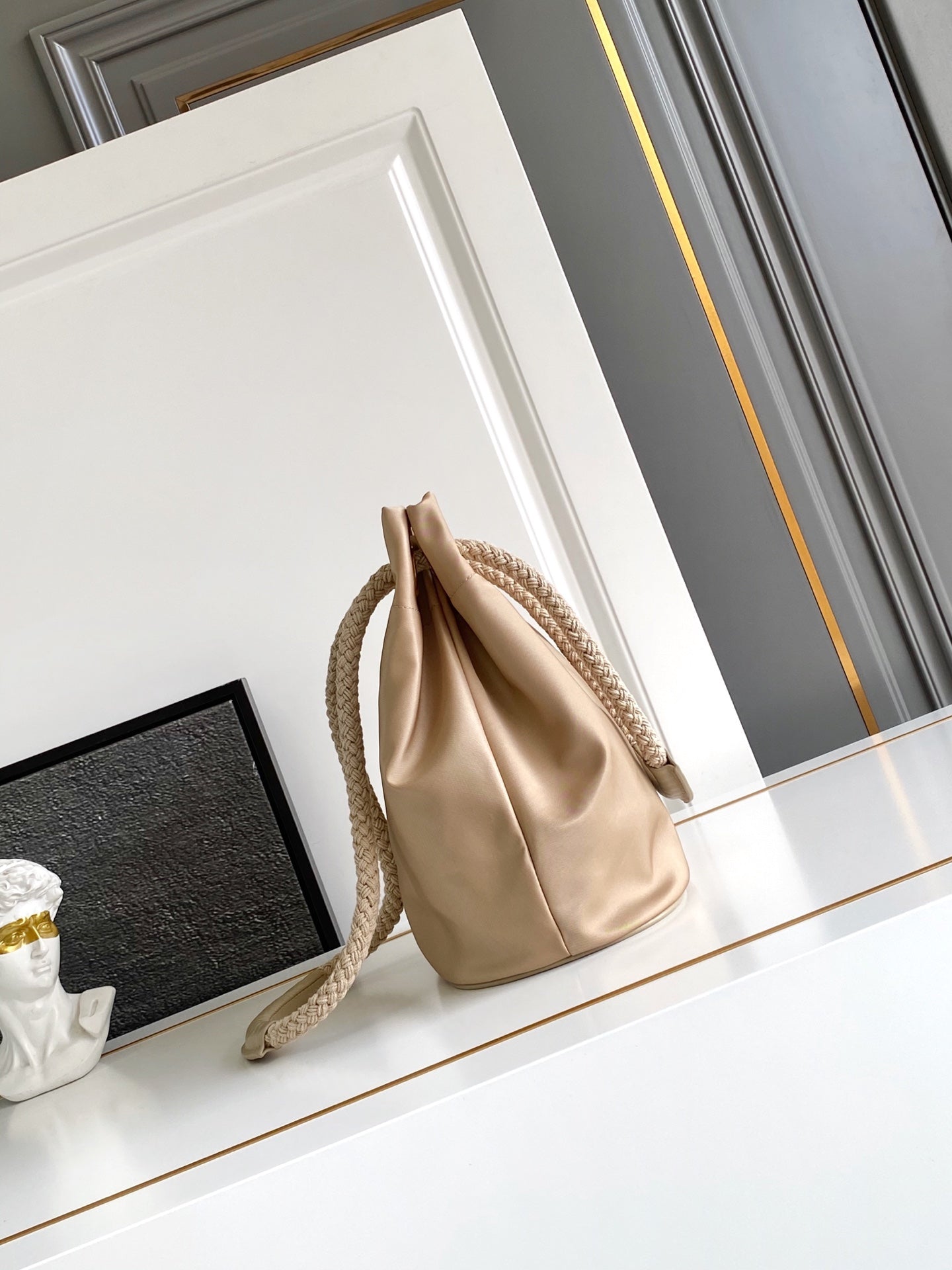 2025 Runway Recycled Nylon Bucket Bag 23.5x28x16.5cm - Slide Rope Handle & Enamel Triangle | Tote to Shoulder Convertible