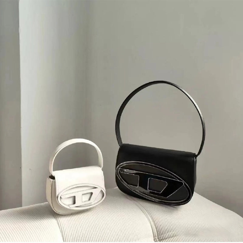 Diesel 1DR Nappa Leather Shoulder Bag Black - Iconic Oval D Logo Metal Plaque Crossbody Bag, Compact 13.5x20.5x7cm for Daily Essentials
