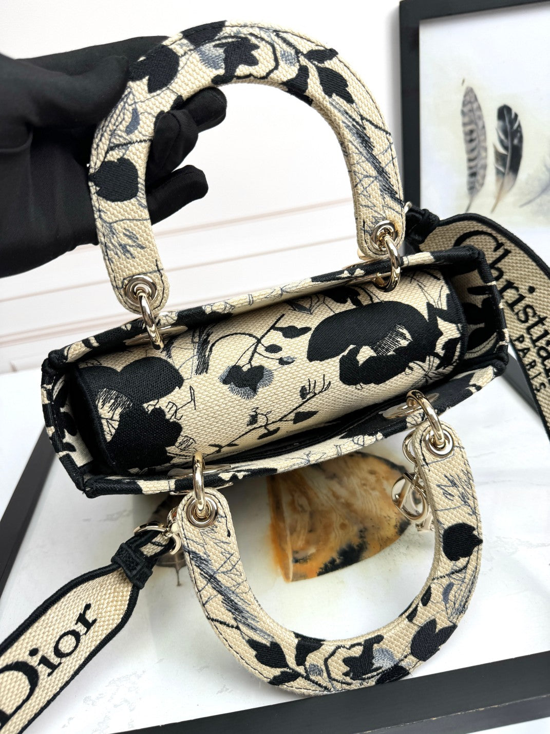 Dior Lady D-LITE Black Peony Embroidery Bag - Pietro Ruffo Collaboration with Detachable Strap & Gold D.I.O.R. Charms (Medium 24cm Artist Limited Edition)