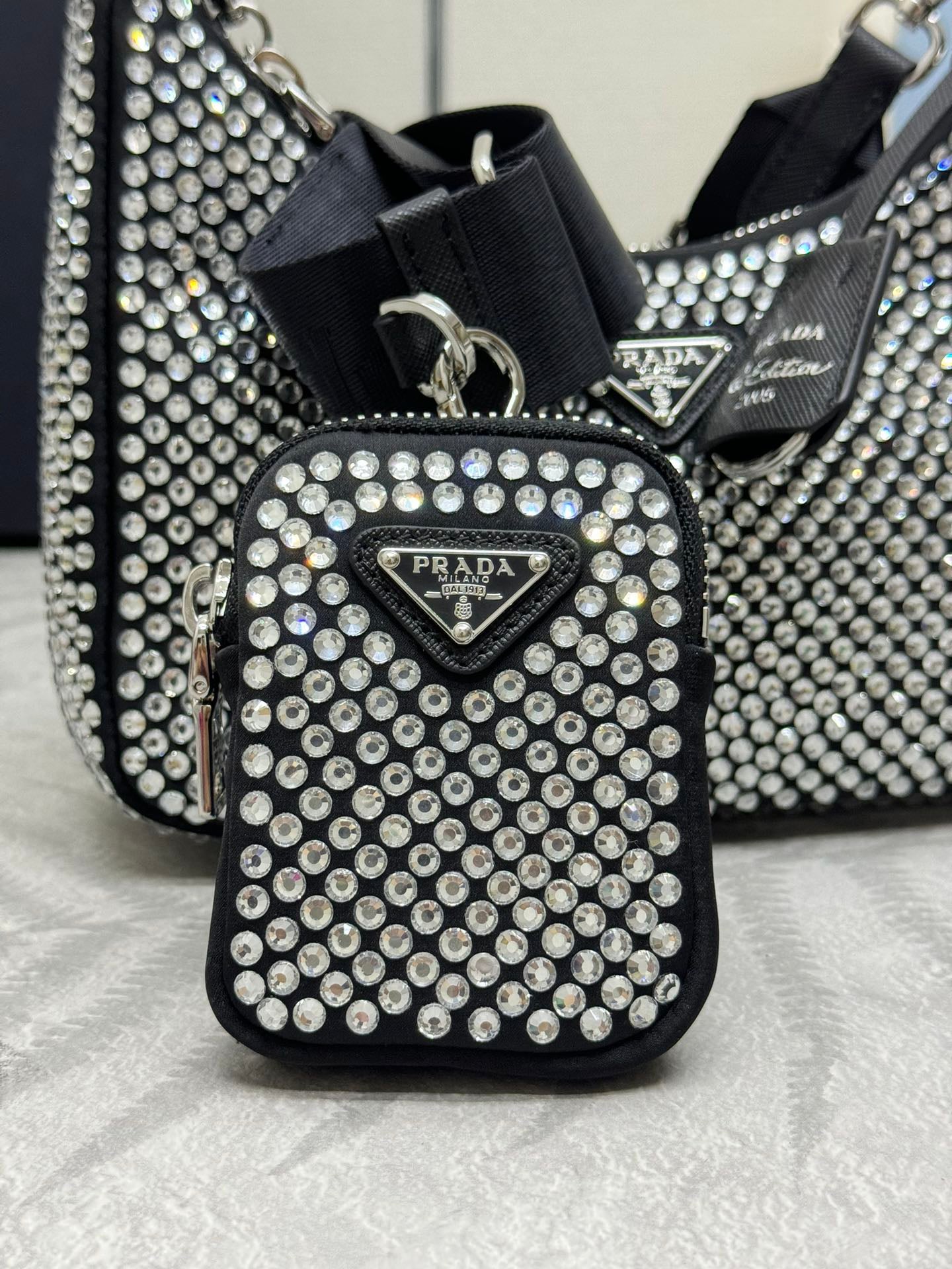 💎 Crystal Mesh 3-in-1 Bag|22×16×6cm Bling Chain Purse w/ Detachable Pouch
