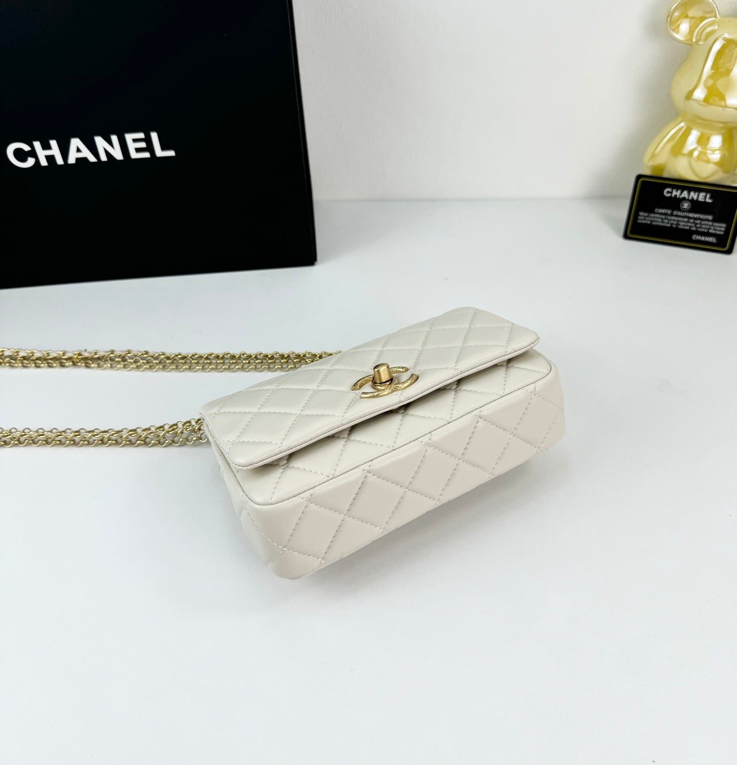 Chanel 24A Black Gold Tassel Chain Flap Bag|Double Gold Bead Design|18cm Timeless Classic Handbag