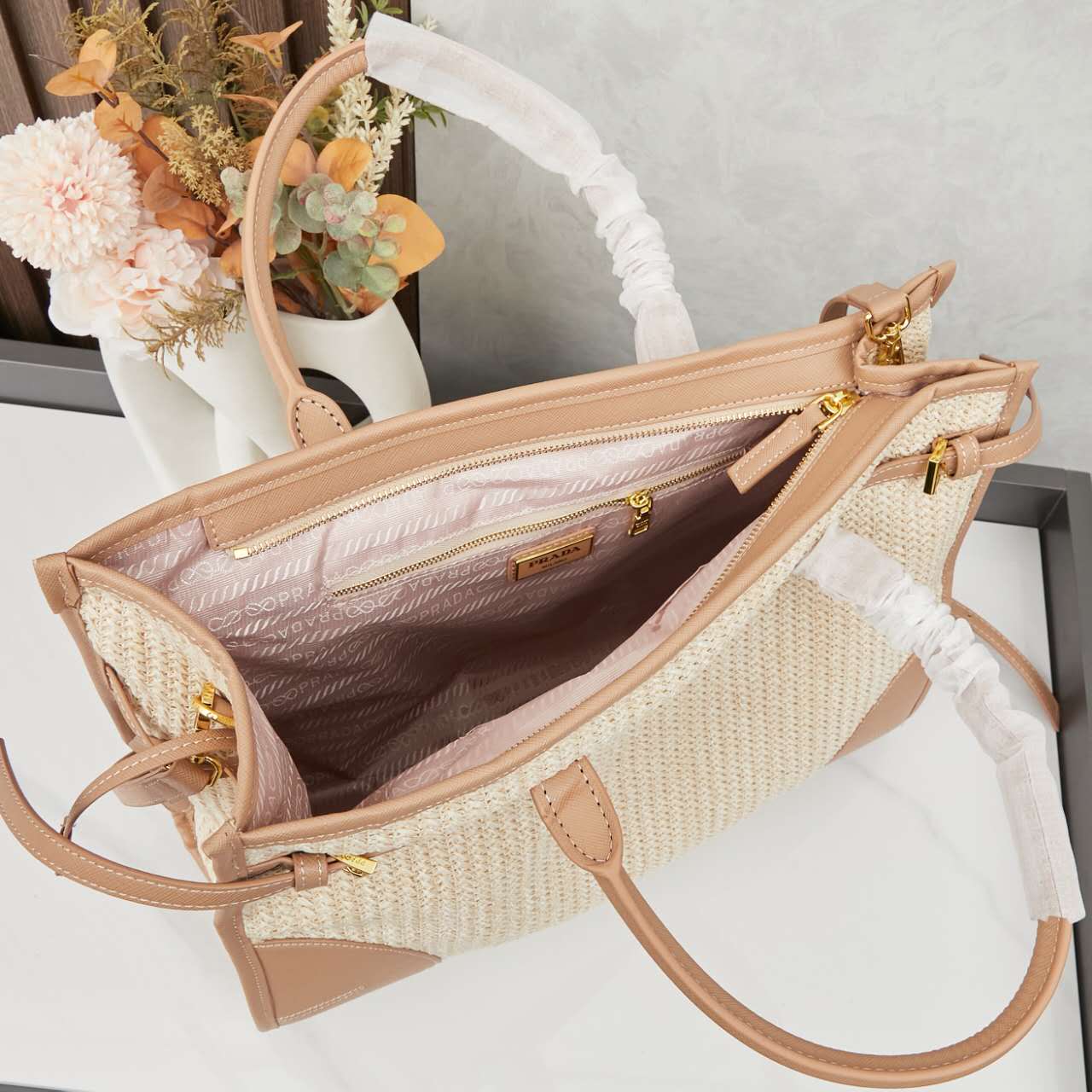🌴 PRADA Raffia Tote Bag 38x30x12|Waterproof Lining & Detachable Strap|Summer Woven Beach Bag