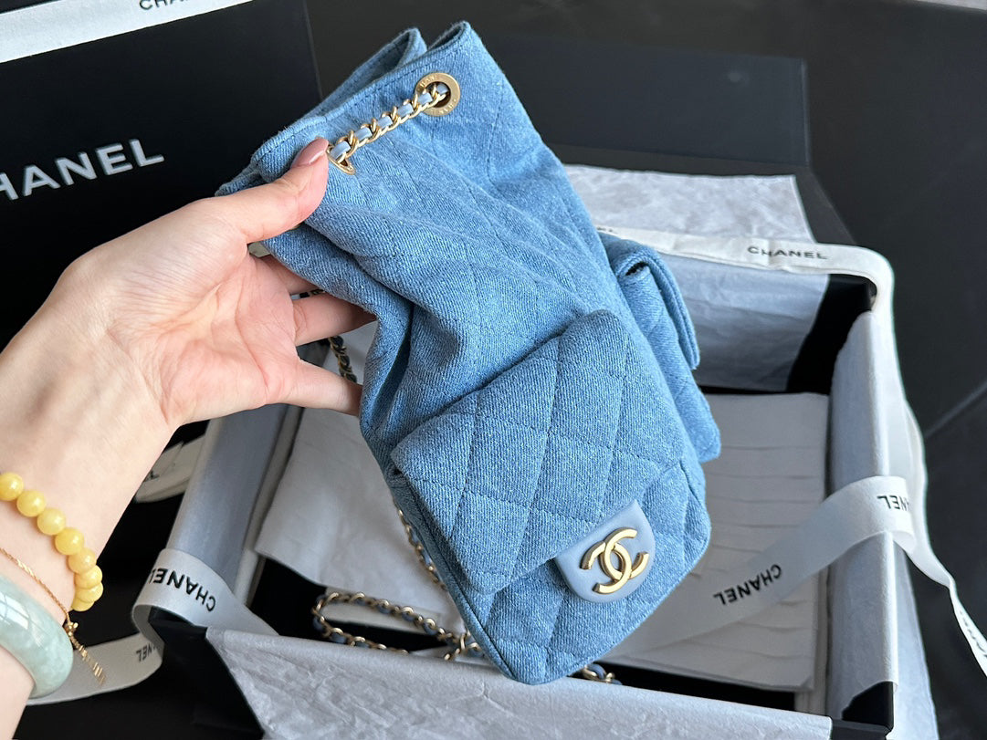 Chanel 25C Washed Denim Mini Backpack | Light Blue | Vintage Wash Original Denim | ZP-Grade Antique Brushed Gold Hardware | Limited Edition