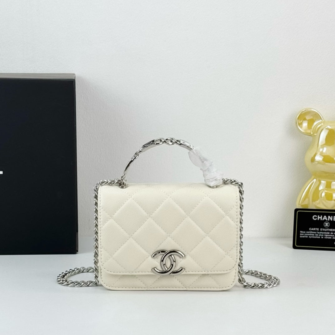 Chanel 22S White Enamel Handle Bag | Mini Sweet & Chic Crossbody | Detachable Woven Strap & Silver Logo