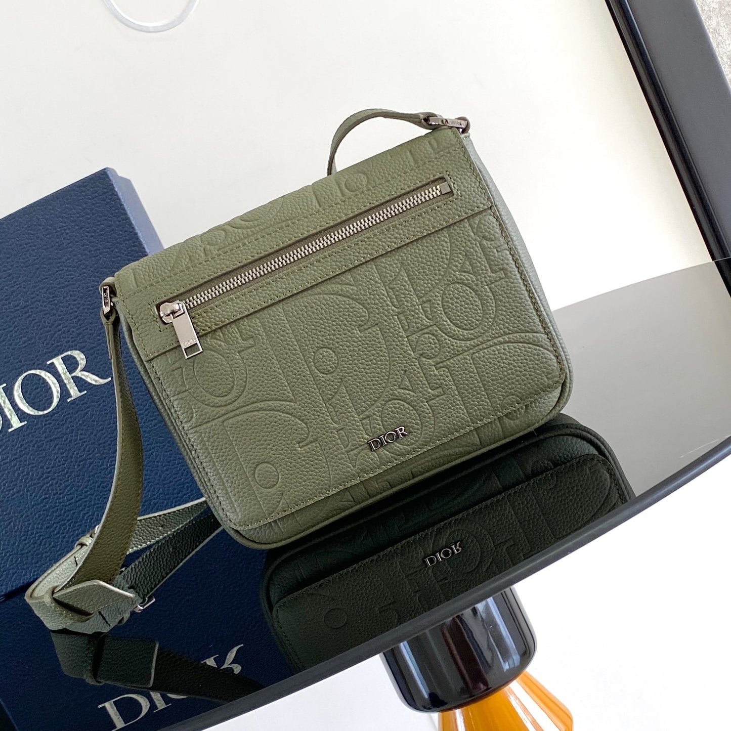 2024 Autumn Messenger Bag - Khaki Embossed Leather with Magnetic Flap (Made in Italy)