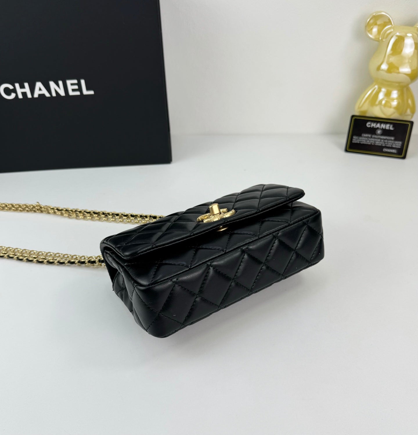 Chanel 24A Black Gold Tassel Chain Flap Bag | Classic Double Gold Pearls Design | 18*11.5cm Luxury Handbag