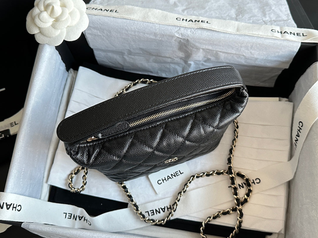 Chanel 25C Black Gold HAAS Caviar Calfskin Lunch Box Bag | Original Mid-Grain Embossed Texture + Champagne Gold Steel Clasp | 21.5x19x6cm Exclusive