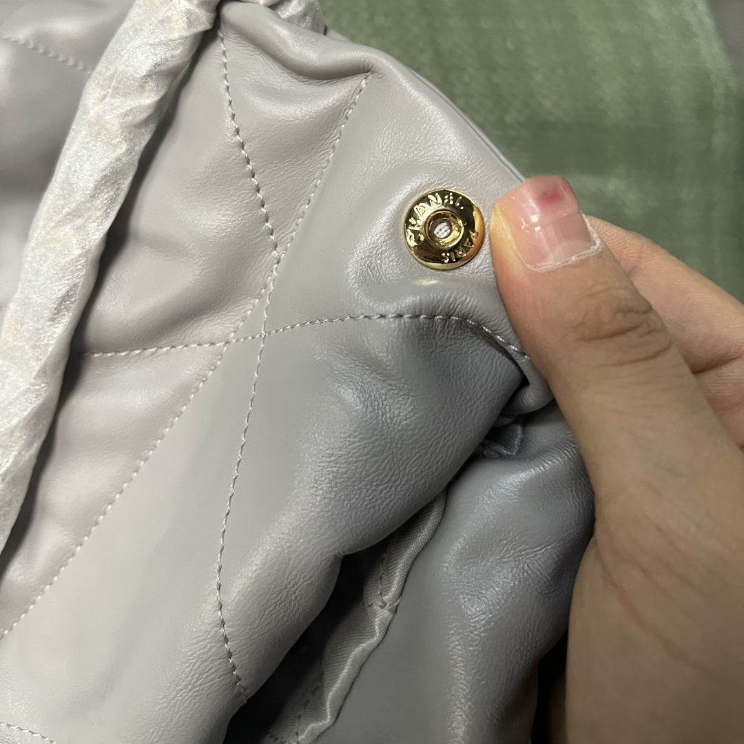 Chanel 22 Bag Light Grey Calfskin Leather Large Capacity Shoulder Handbag with Gold Hardware | Women’s Luxury Tote Bag