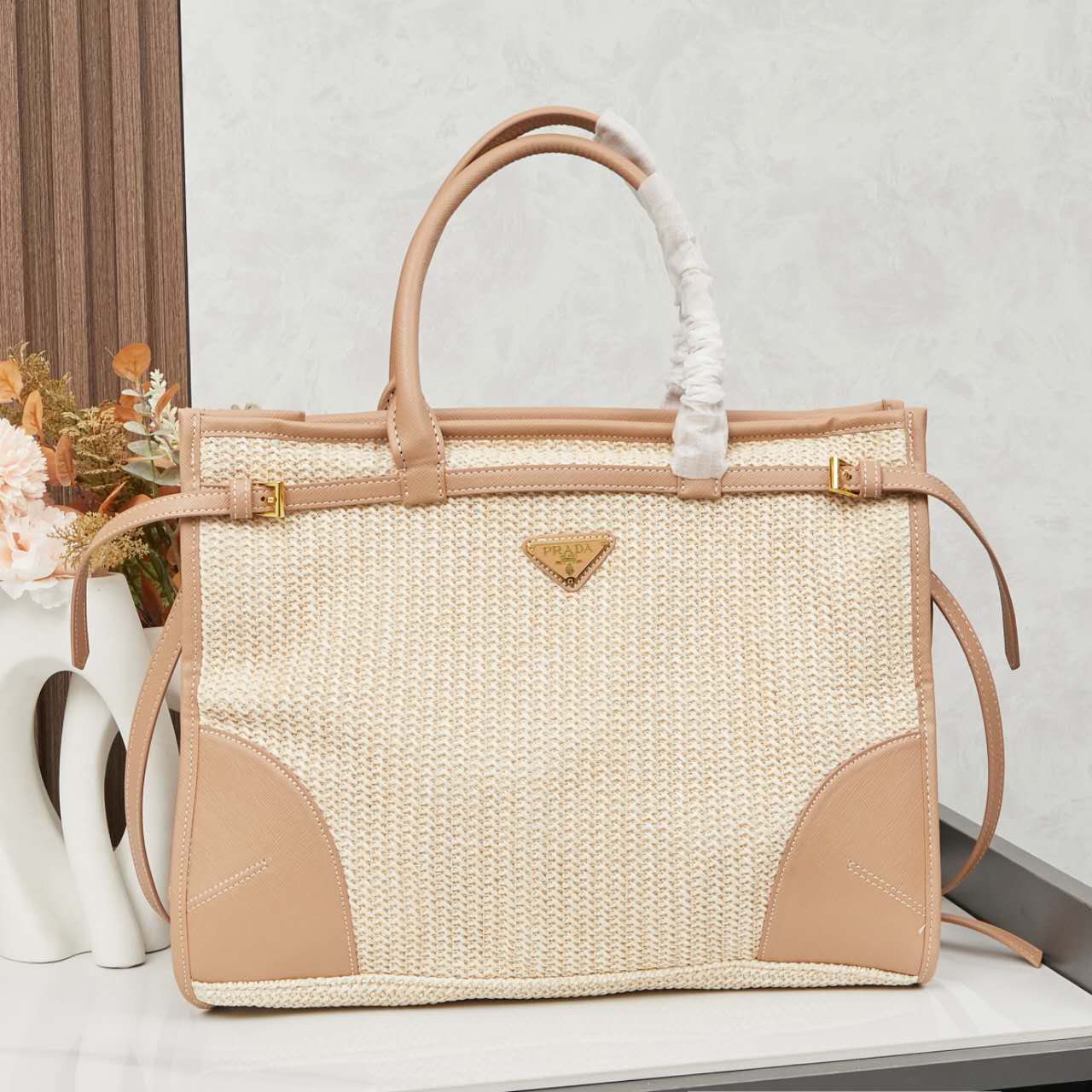 🌴 PRADA Raffia Tote Bag 38x30x12|Waterproof Lining & Detachable Strap|Summer Woven Beach Bag