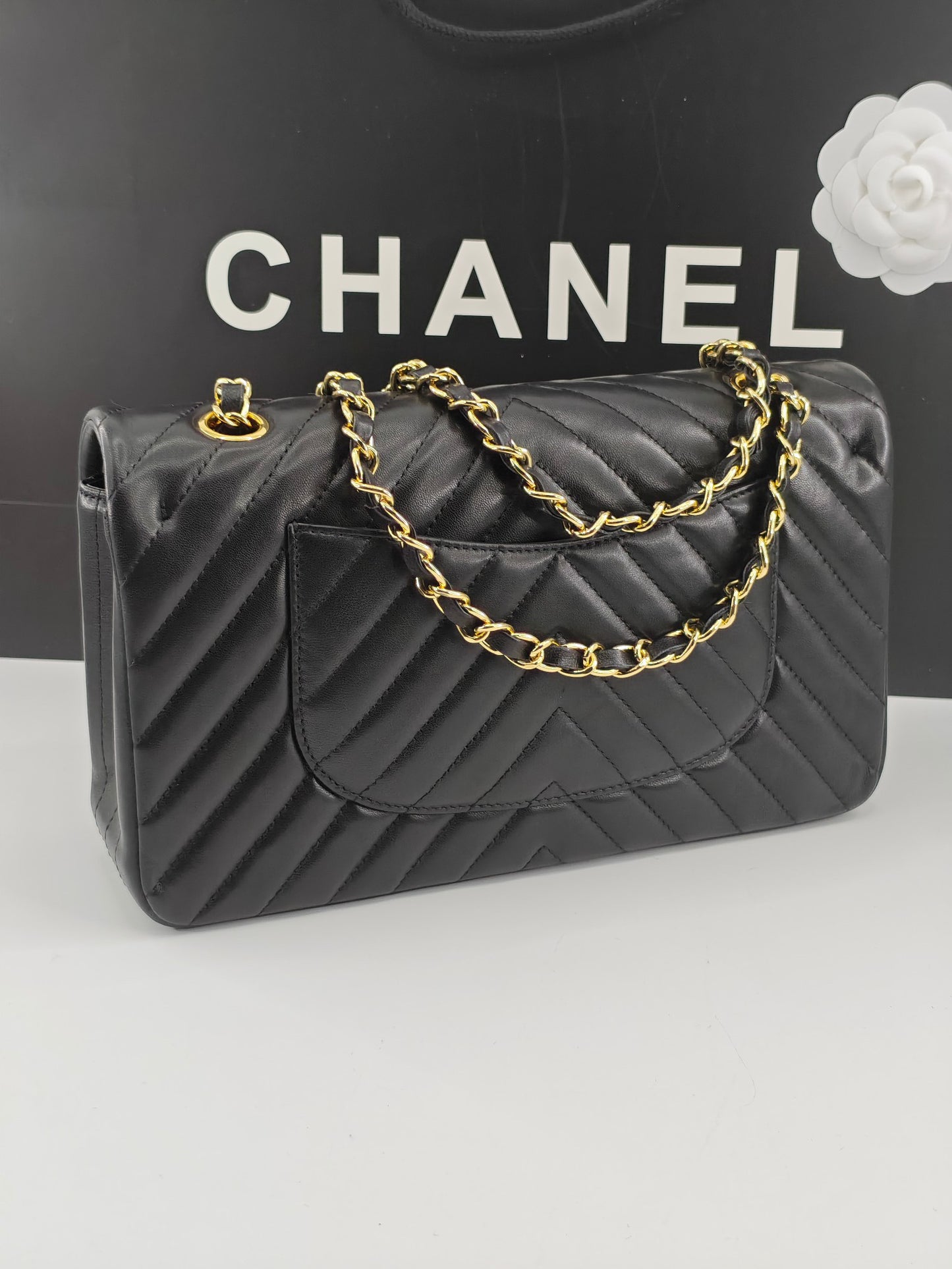 Chanel CF1112 Classic Black Gold Lambskin Bag | Stamped Chip Edition | 24K Gold Plated Hardware | Luxury Choice for Gatherings