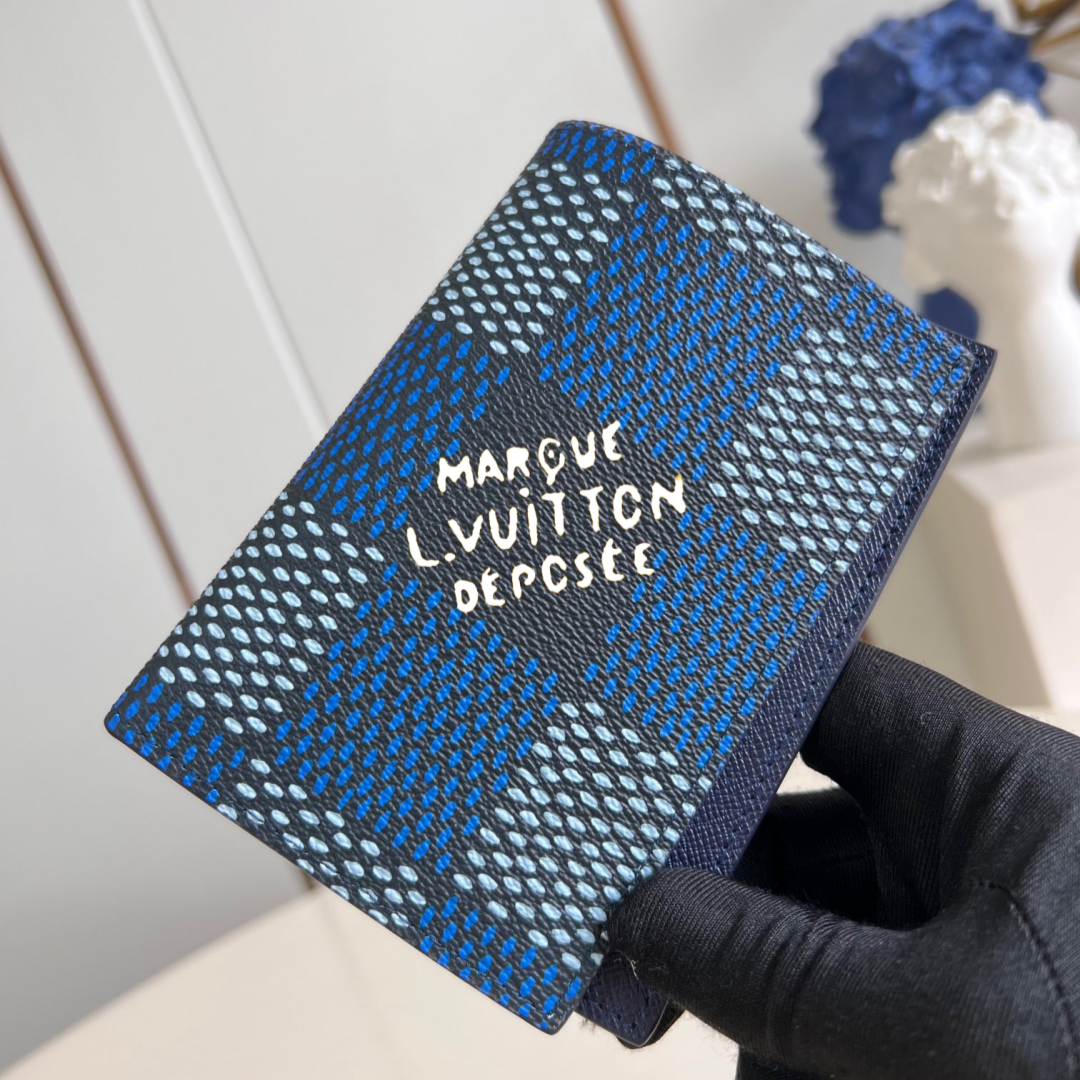 Louis Vuitton Monogram Passport Cover | Blue Coated Canvas | 4 Card Slots + 2 Pockets | Model M40749 | 14x10cm