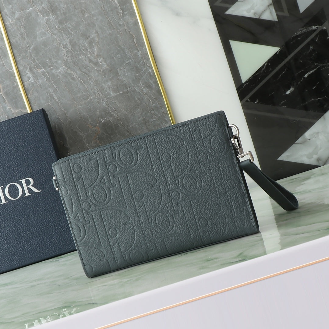 Dior Grey Gravity Embossed Clutch|Spacious 27×19.5×6cm|6 Card Slots & Detachable Strap