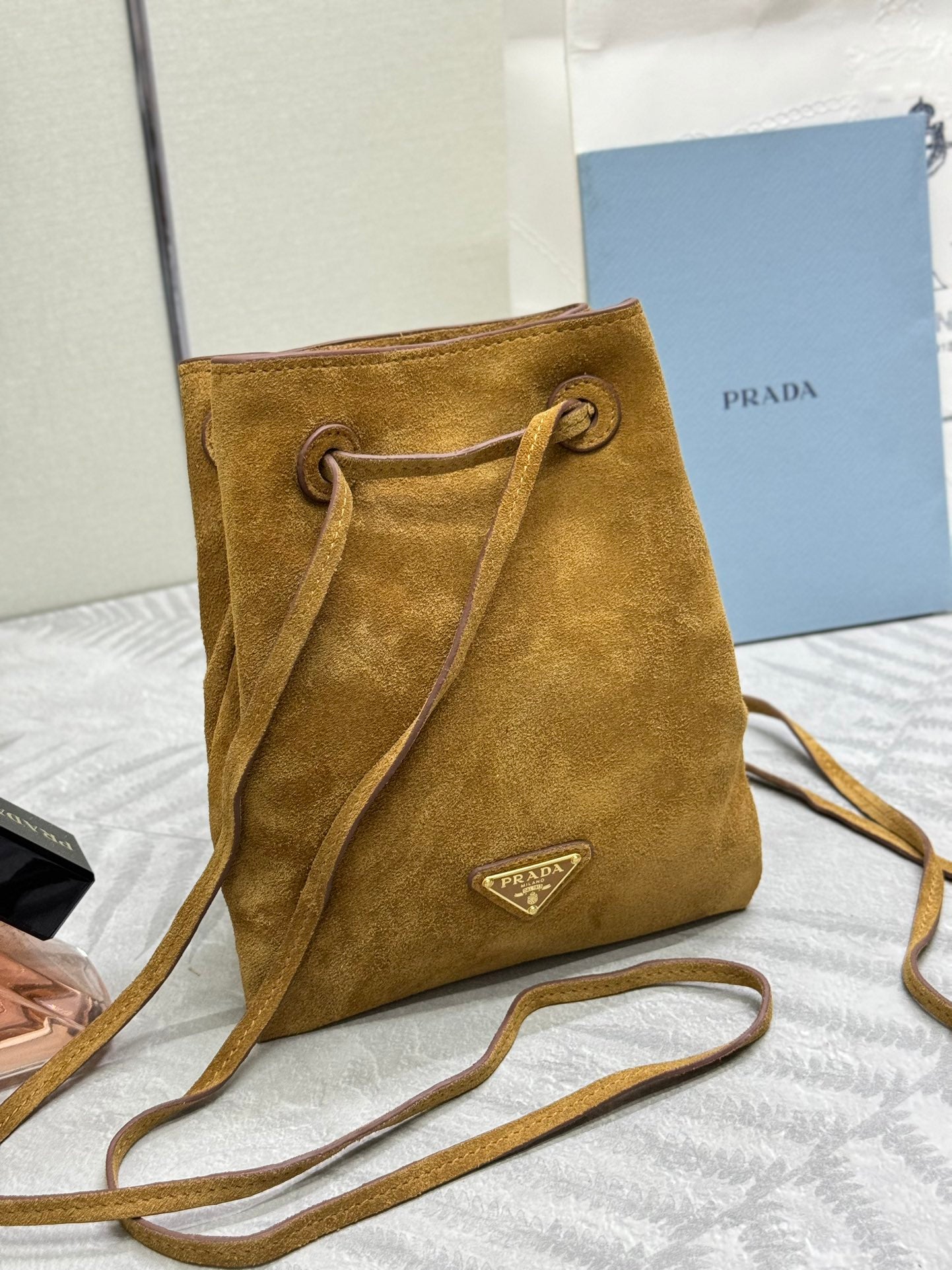 ๐ Mini Drawstring Crossbody Bag - Premium Suede & Lambskin | Dual Straps + Top Hardware | 20cm Cute Casual Purse