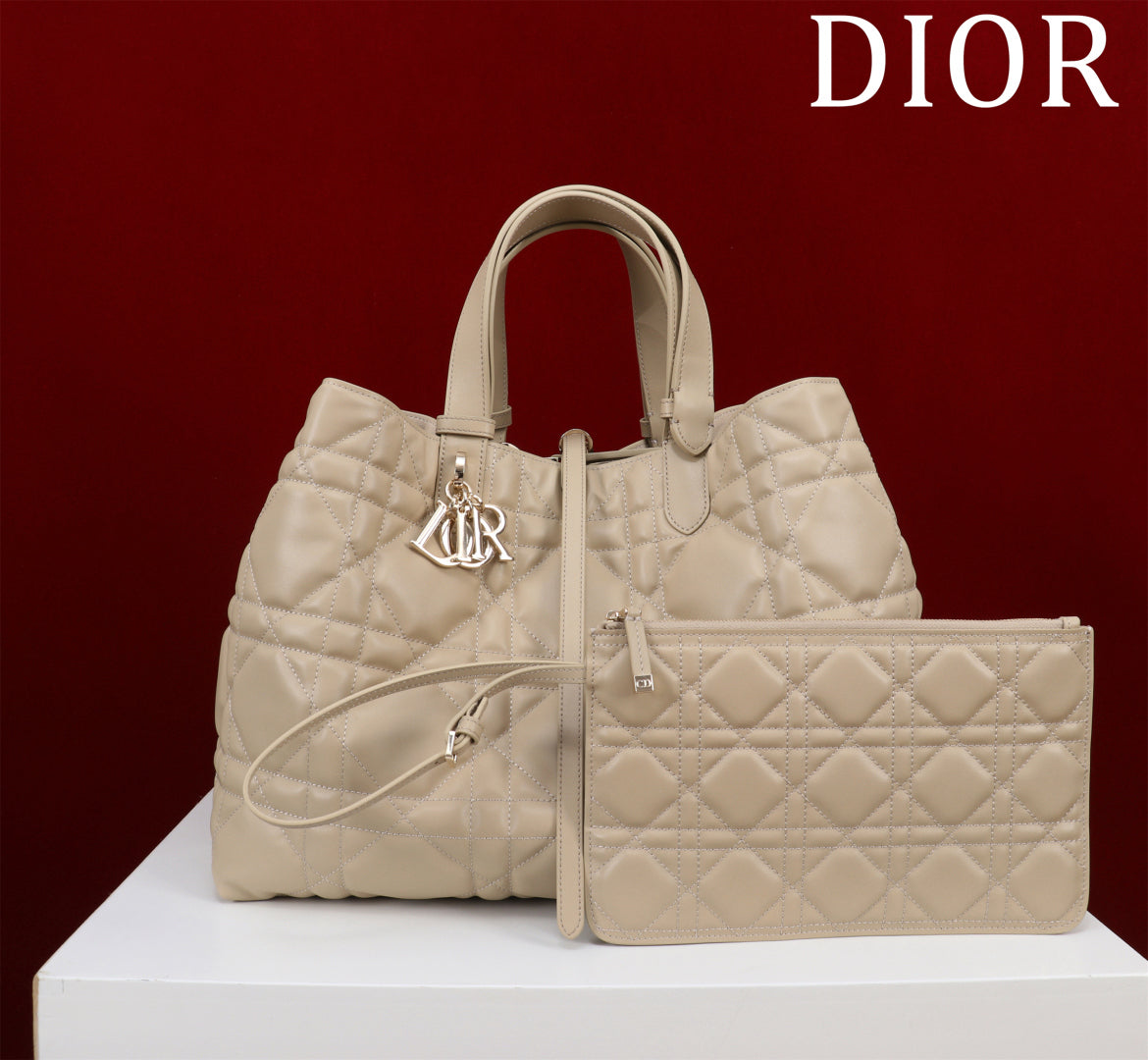 Beige Calfskin Tote Bag|Drawstring Closure & Detachable Pouch|Adjustable Leather Handles|Medium 28.5×21.5×19cm