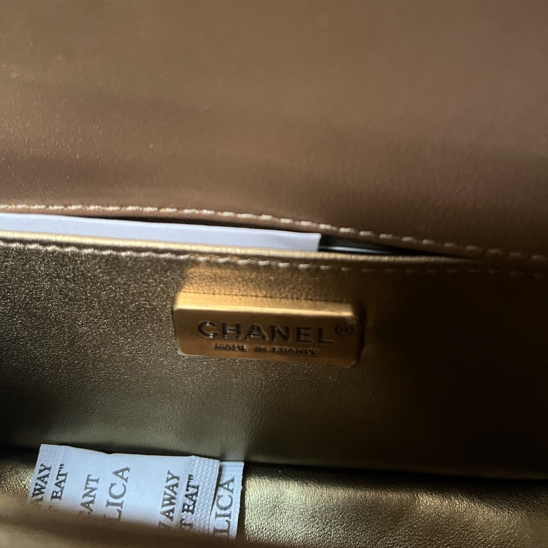 Chanel Metallic Gold Python & Bronze Lambskin Boy Small Flap Bag | 9.8" Exotic Python Crossbody Bag with 18K Gold Hardware | Celebrity-Inspired Luxury