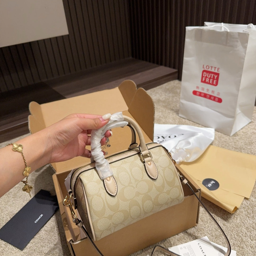 Coach New Mini Rowan Satchel - Blocked Signature Canvas Boston Pillow Bag (7"L x 4.75"H x 4"W) | Cute & Spacious Retro Y2K Crossbody for Sweet Edgy Girls