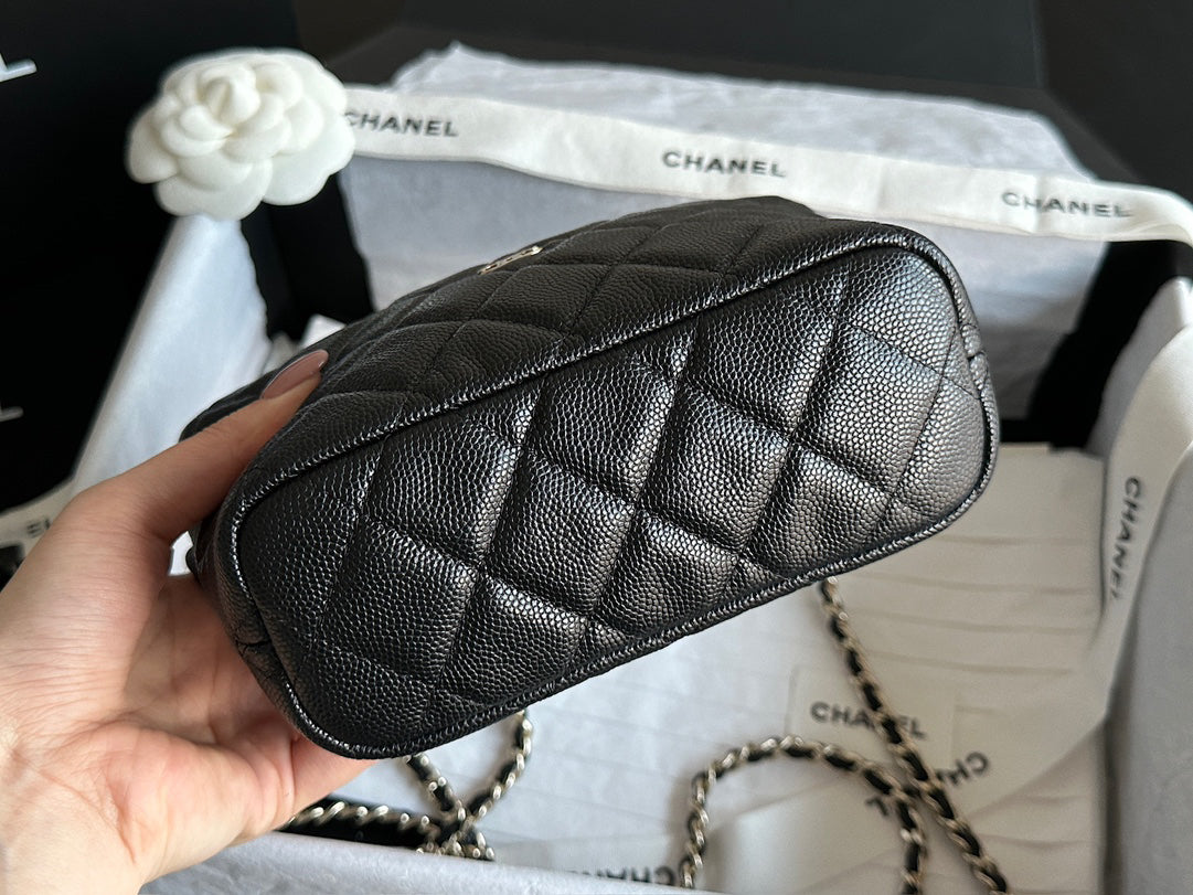 Chanel 25C Black Gold HAAS Caviar Calfskin Lunch Box Bag | Original Mid-Grain Embossed Texture + Champagne Gold Steel Clasp | 21.5x19x6cm Exclusive