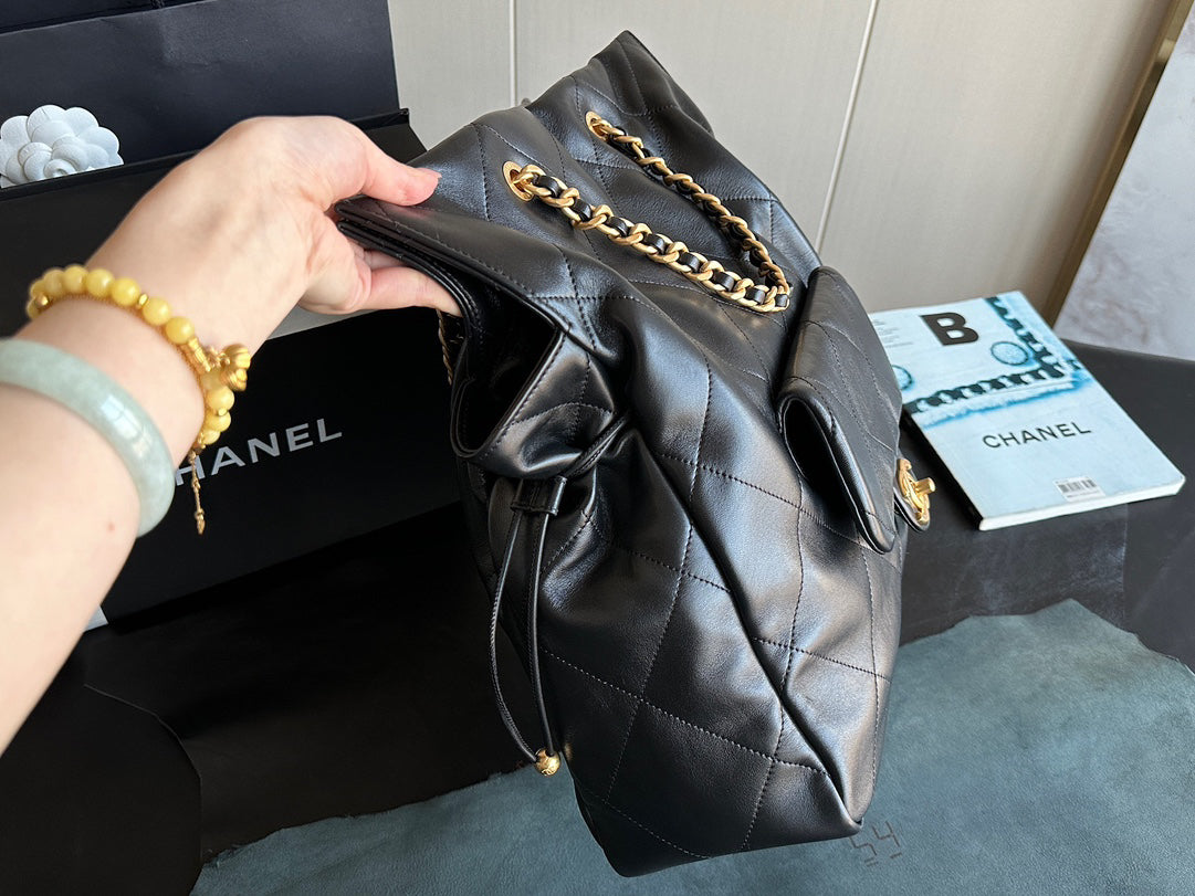 Chanel 25C Black Gold Exclusive Italian Polished Lambskin Tote Bag | Organic Water-Dye Craft + Antique Brass Clasp | 34x36x12cm Nationwide Monopoly