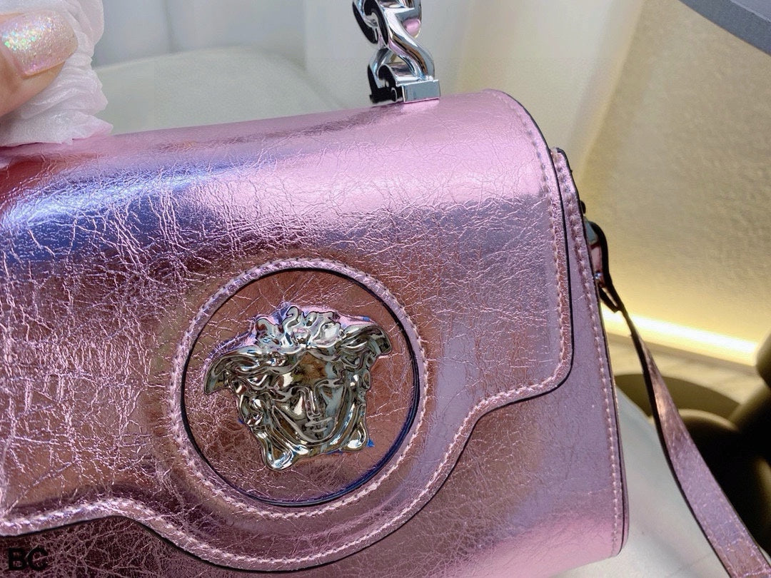 Versace La Medusa Metallic Pink Top Handle Bag – Medusa Head & Chunky Chain Design (21x17cm) | Luxury Shimmer Tote