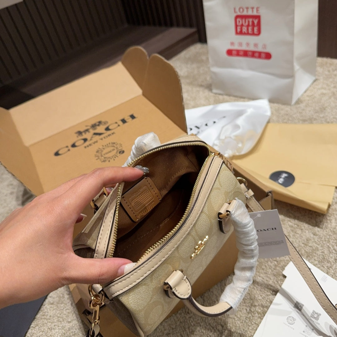 Coach New Mini Rowan Satchel - Blocked Signature Canvas Boston Pillow Bag (7"L x 4.75"H x 4"W) | Cute & Spacious Retro Y2K Crossbody for Sweet Edgy Girls