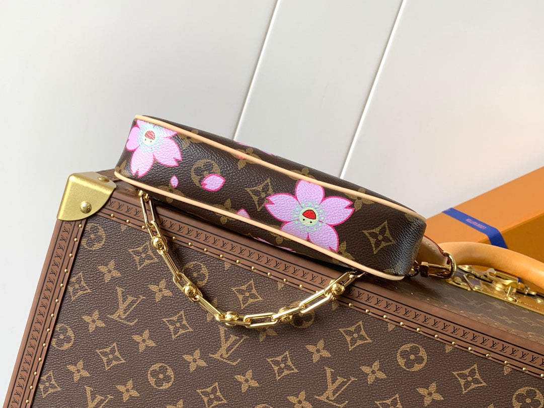 Louis Vuitton x Takashi Murakami Monogram Cherry Blossom Pochette Accessoires Bag with Detachable Chain & Leather Bow
