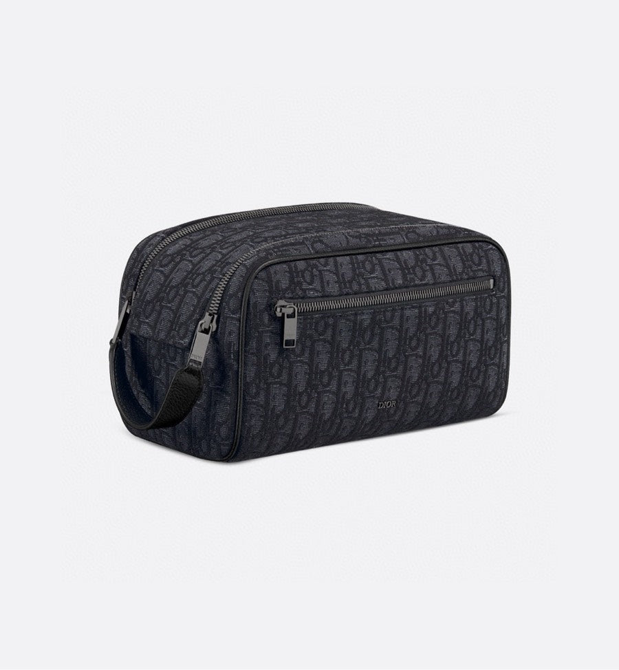 DIOR Gray C.D Diamond Canvas Toiletry Pouch with Leather Trim | Travel Organizer