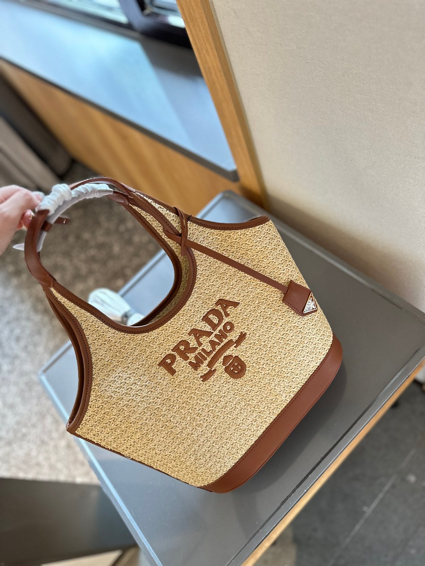 Prada Raffia Bucket Shoulder Bag Summer Woven Straw Tote 28x13x22cm Beach Vacation Essentials PRADA MILANO