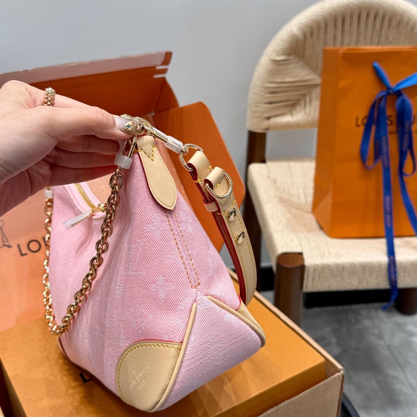 Louis Vuitton Denim Boulogne Bag 2023 | 163c Dynamic Chip, Steel Chain Strap, Full Gift Box Packaging