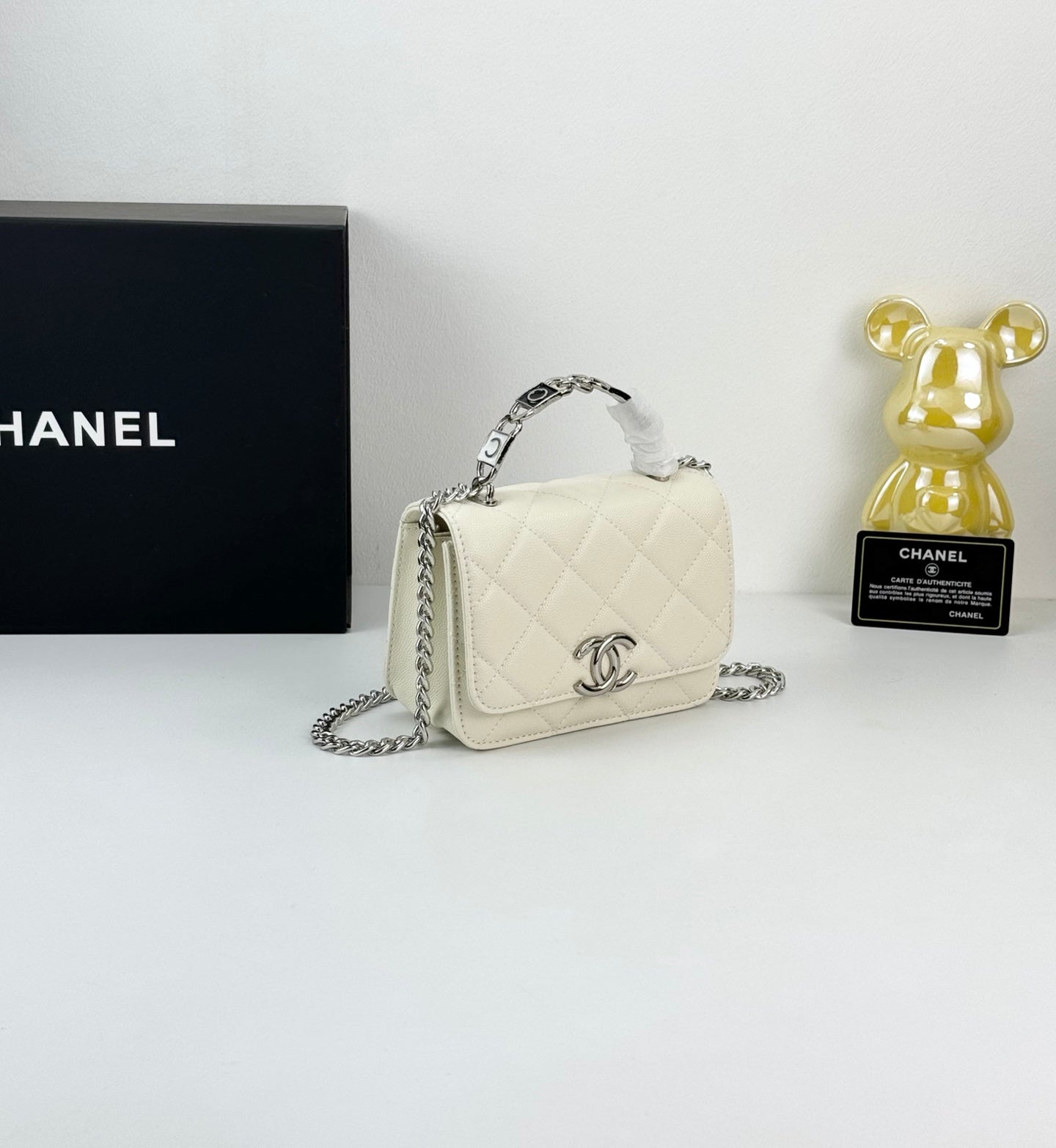 Chanel 22S White Enamel Handle Bag | Mini Sweet & Chic Crossbody | Detachable Woven Strap & Silver Logo