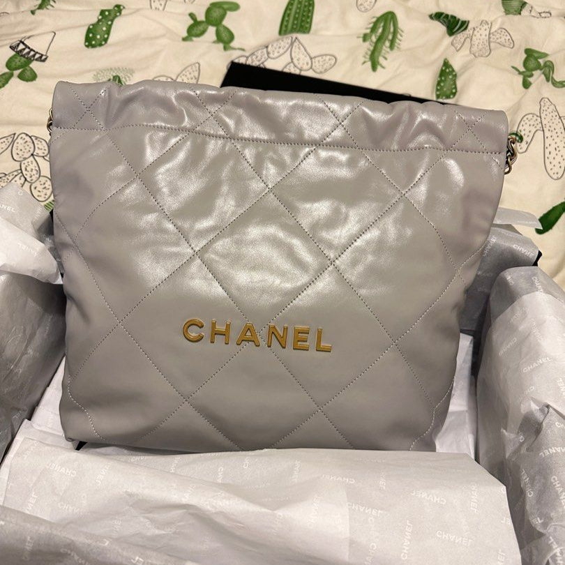 Chanel 22 Bag Light Grey Calfskin Leather Large Capacity Shoulder Handbag with Gold Hardware | Women’s Luxury Tote Bag
