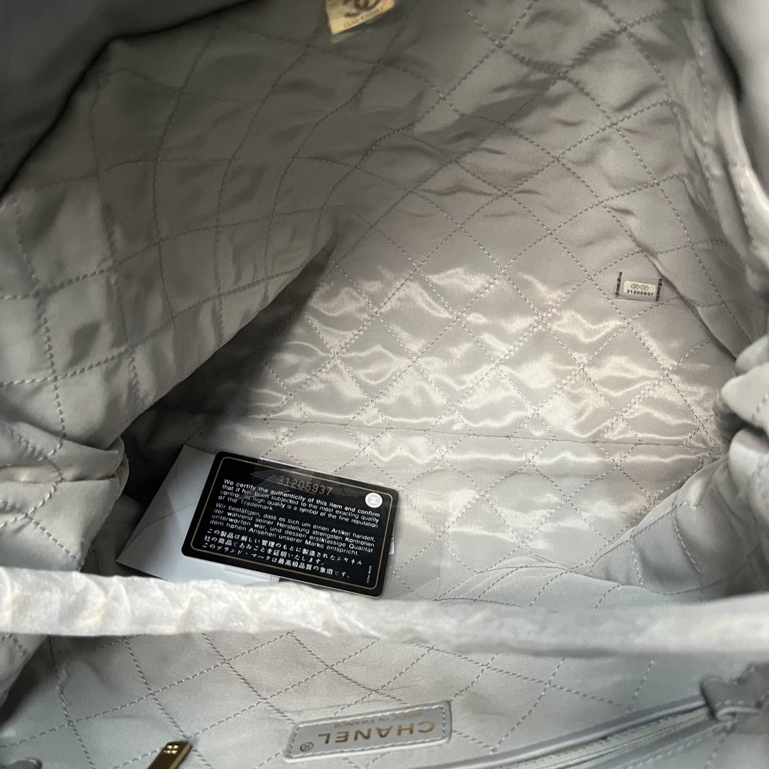 Chanel 22 Bag Light Grey Calfskin Leather Large Capacity Shoulder Handbag with Gold Hardware | Women’s Luxury Tote Bag