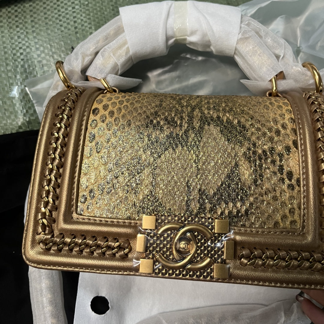 Chanel Metallic Gold Python & Bronze Lambskin Boy Small Flap Bag | 9.8" Exotic Python Crossbody Bag with 18K Gold Hardware | Celebrity-Inspired Luxury
