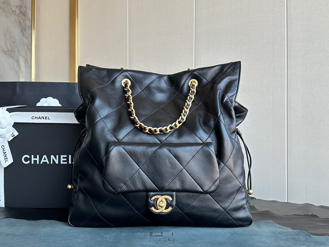 Chanel 25C Black Gold Exclusive Italian Polished Lambskin Tote Bag | Organic Water-Dye Craft + Antique Brass Clasp | 34x36x12cm Nationwide Monopoly