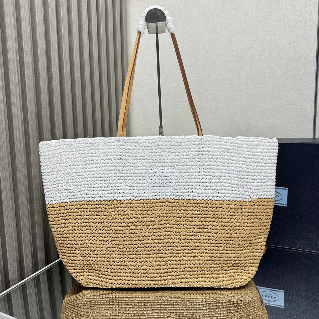 🌴 Summer Raffia Tote|38x31.5x15cm Handwoven Two-Tone Bag - Beach & Market Tote