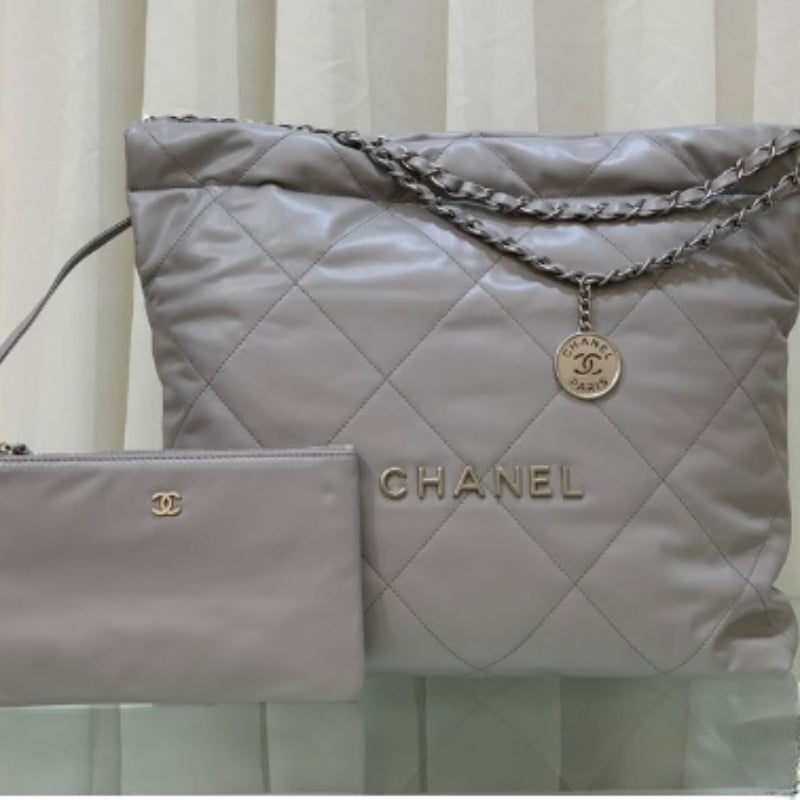 Chanel 22 Bag Light Grey Calfskin Leather Large Capacity Shoulder Handbag with Gold Hardware | Women’s Luxury Tote Bag