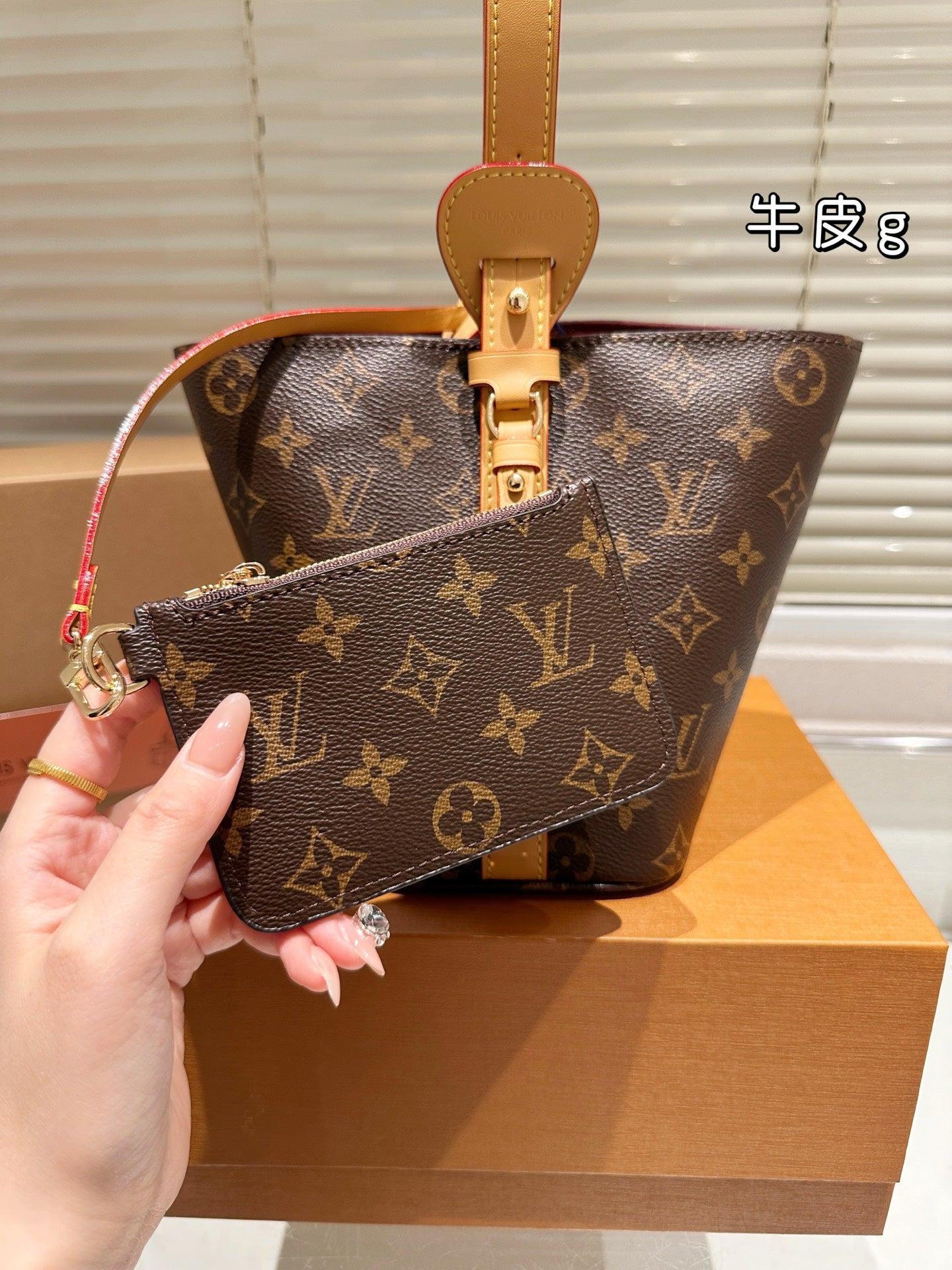 Louis Vuitton Monogram Cowhide Leather Bucket Bag with Coin Pouch Luxury Designer Handbag LV All In BB Monogram Canvas Includes Coin Pouch